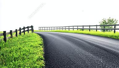 Side Angle View Of Asphalt Road With Railings And Green Grass