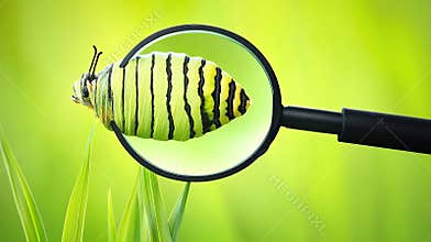 Magnifying Glass Examining Insect Larva in Grass