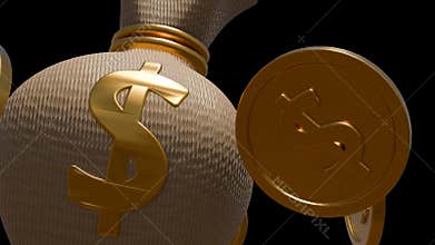a 3d animation of a money bag and several gold coins