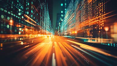 Modern City Street With Binary Code Numbers On Blurred Asphalt Road