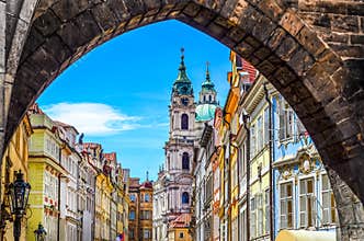 View of old town in Prague taken from Charles bridge