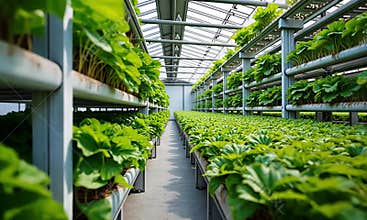 Modern Hydroponic Greenhouse with Lush Green Plants Growing in Rows