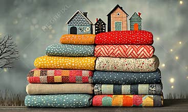Cozy stacked fabrics, miniature houses