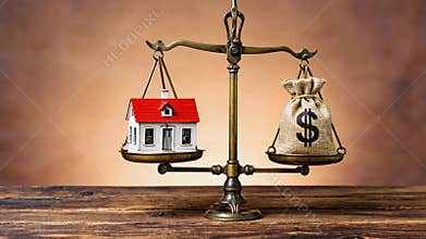 Balance scale with a house and burlap sack on opposing pans