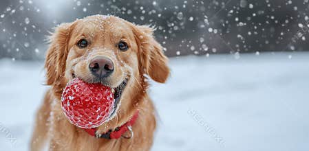 A happy golden retriever dog in snow, playing having fun, holding a red rubber ball in its mouth, winter
