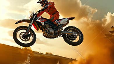 Thrilling dirt bike jumps through clouds of dust at sunset, showcasing action, excitement, and ultimate thrill of adventure
