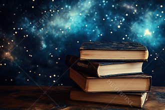 Stacked vintage books with a starry night sky background creating a serene atmosphere