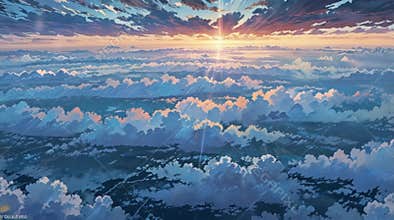 A dramatic sunrise over sunlit clouds.