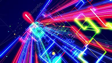Motion graphic, data flow. Hi tech stream of datum, motion design vj loop. Wireframes of network blocks with neon light