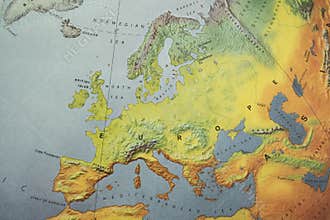 Detailed European topographical map, showing physical features like mountains Alps, Pyrenees, rivers, countries with