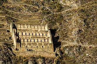 Ollantaytambo - old Inca fortress and town the hills of the Sacred Valley (Valle Sagrado) in the Andes mountains of Peru, South Am
