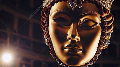 Opulent golden Buddha mask with ornate crown in dramatic lighting