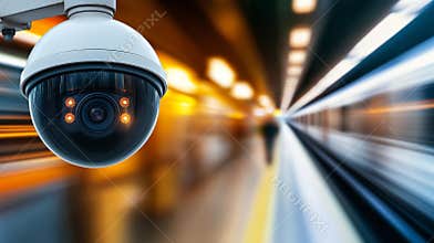 Surveillance camera monitoring high speed train movement through underground transit station, capturing transportation