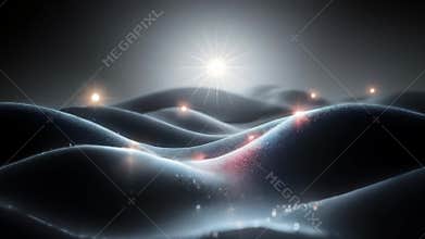 Glowing particles flowing on abstract dark wavy landscape