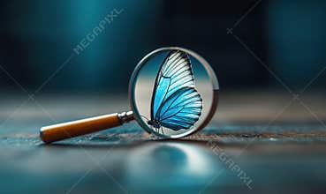 A brilliant blue butterfly wing is magnified by a magnifying glass resting on a textured surface.