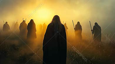 Mysterious figures walk through foggy landscape at dawn carrying staffs in a mystical gathering