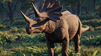 A Triceratops grazes peacefully in a lush prehistoric landscape. Herbivorous dinosaur with prominent horns and a frill