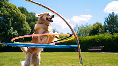 Dog jumping through hula hoop agility training park outdoor pet trick fun stock footage Generative AI