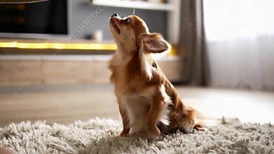Small cute brown dog sitting attentively carpet looking up indoors pet home stock footage Generative AI