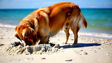 Golden Retriever dog digging hole sand beach sunny day playful canine energy stock footage Generative AI