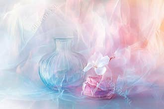 Soft pastel floral arrangement with a glass vase on a colorful background