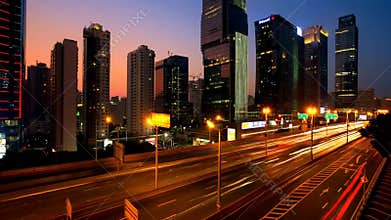 Dazzling night cityscape timelapse tall illuminated buildings light streaks stock footage Generative AI