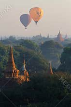 Two balloons over pagodas of Bagan