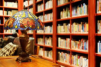 old library study reading room table lamp desk light books bookshelf