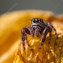 Jumping spider on a yellow surface in bright light with clear details of its body and legs