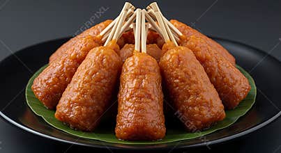 Delicious sticky rice cakes on skewers arranged on a plate with green leaves on a dark surface ready for serving and enjoying