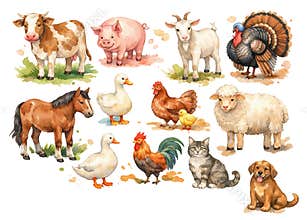 Png set of watercolor farm animals including cow, pig, goat, turkey, horse, ducks, chicken, sheep, cat, and dog isolated on