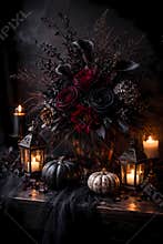 Elegant dark floral Halloween with pumpkins and candlelight