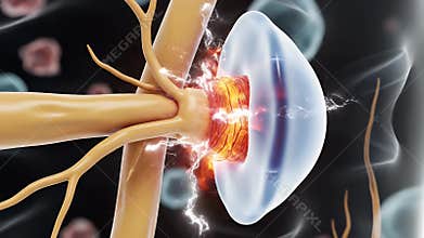 Abstract CGI Representation of Neural Stimulation and Protection Mechanism Highlighting a Myelinated Axon Undergoing Targeted