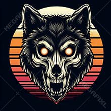 Manacing wolf skull with retro sunset and glowing eyes graphic