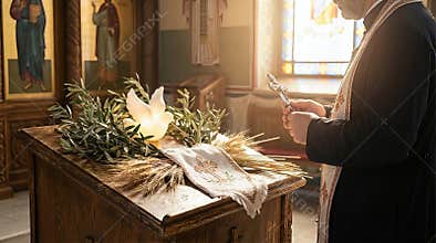 Priest holding metal cross, observing holy spirit monday, inside orthodox temple, with symbolic dove, sacred olive