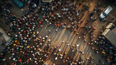 High angle aerial view of a large crowd of people gathered in an open dusty public square