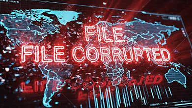 Digital World Map with Corrupted File Warning and Glitch Effect, Global Data Breach Concept