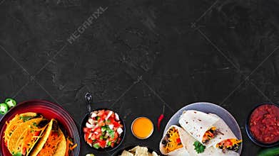 Mexican food bottom border. Stop motion loop video. Top view on a dark background.