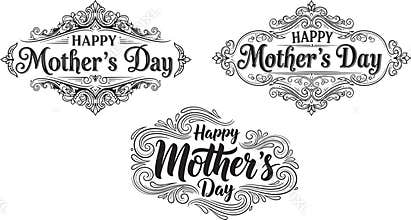 Happy mothers day elegant lettering collection with classic flourish frames and decorative filigree ornaments for holiday cards