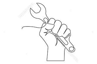 Minimalist one line art of hand holding wrench outline illustration