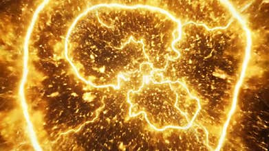 Abstract fiery orange electric lightnings flashing dynamically from the corners of a solid black background, abstract concept