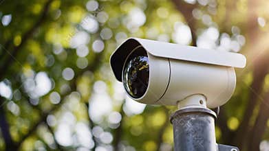 White security surveillance camera installed on pole in front of lush green trees on sunny day view, safety concept