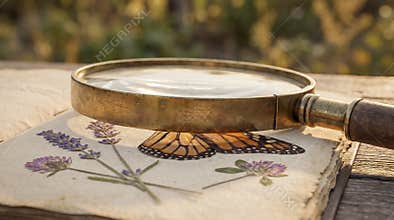 Naturalist using vintage magnifying glass to inspect butterfly wing