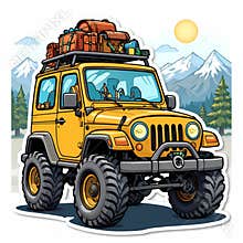 Yellow Off Road SUV with Roof Rack Luggage Cartoon