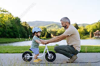 Father helping toddler son learn to ride balance bike for the first time.