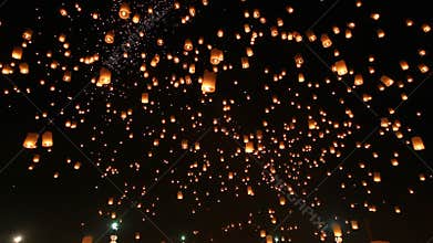 Many Sky Lanterns Floating In Loi Krathong Festival Of Chiang Mai Thailand 2014