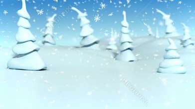 Snowfall at a fantasy cartoon forest. Christmas animation for holiday video background.