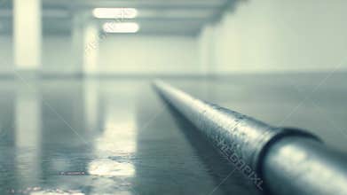 Metal pipe laying on reflective industrial floor