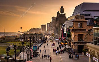 View of the boardwalk at sunset, in Atlantic City, New Jersey.