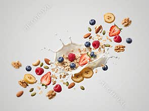 Fresh oats and various forest berries splash into a bowl of creamy milk for a nutritious breakfast meal full of energy